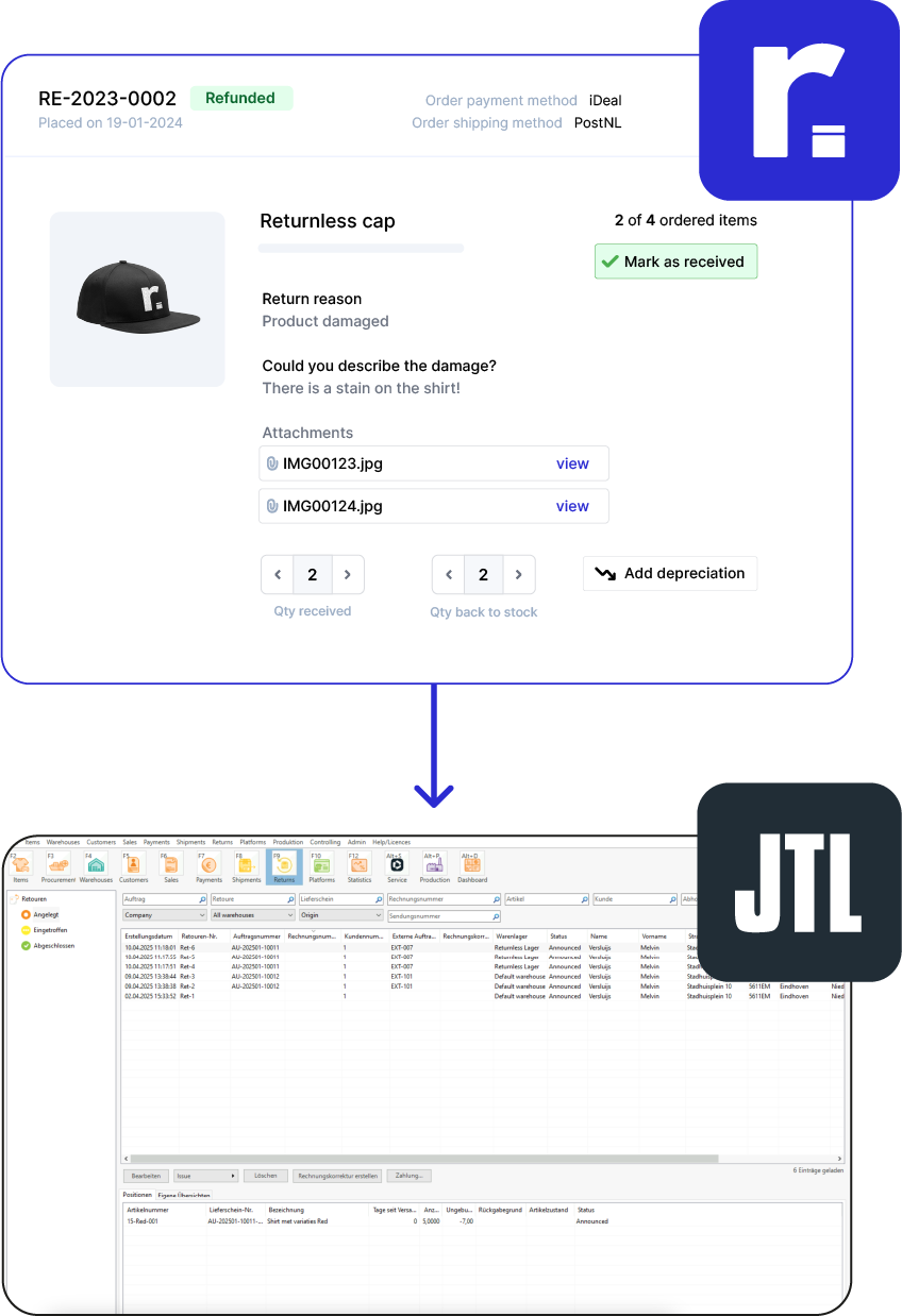 JTL retouren - retourinformatie doorsturen